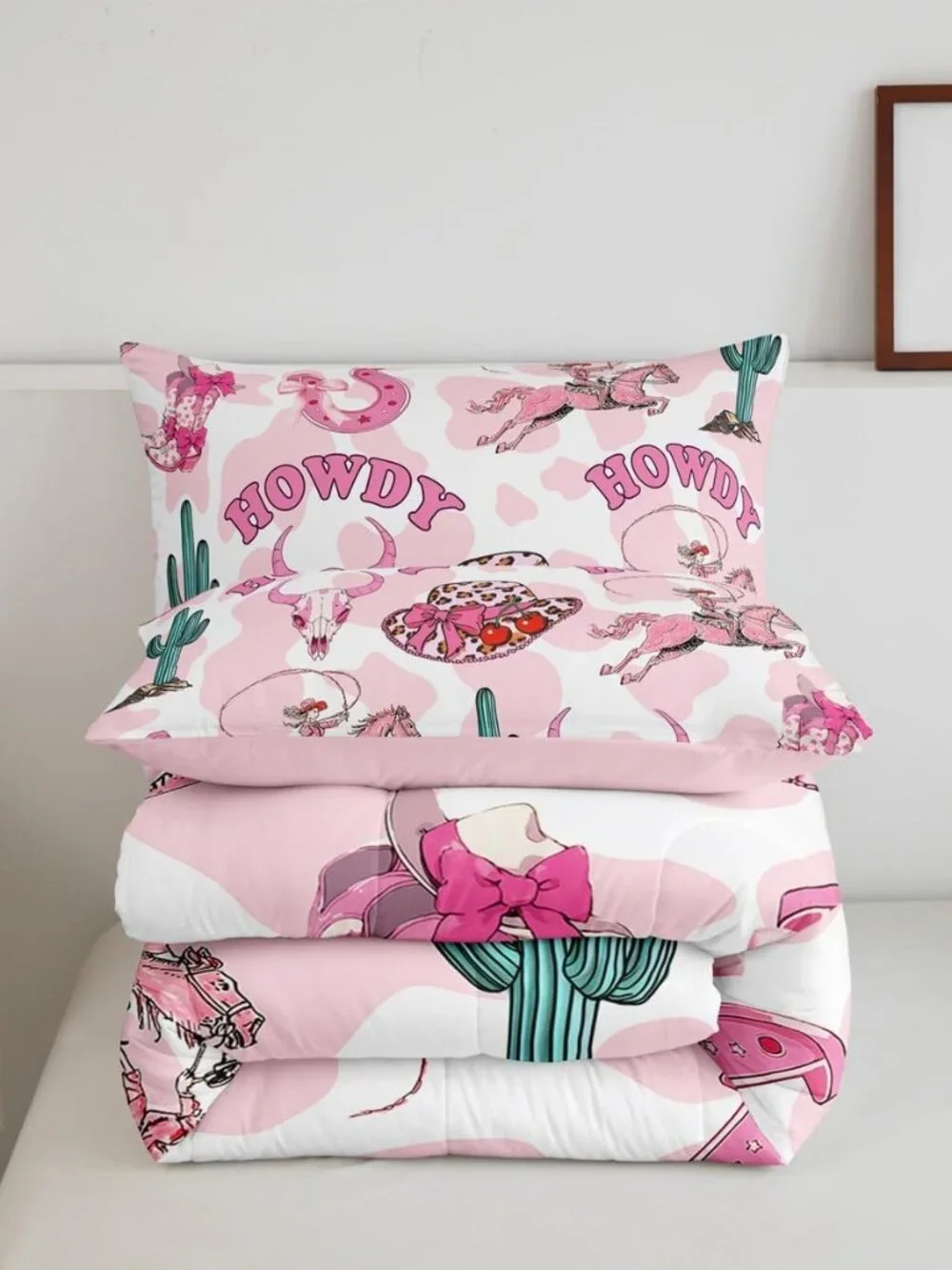 Pink Western Twin Comforter Set,Cowgirl Boots Hats Bows Bedding Sets for Girls K